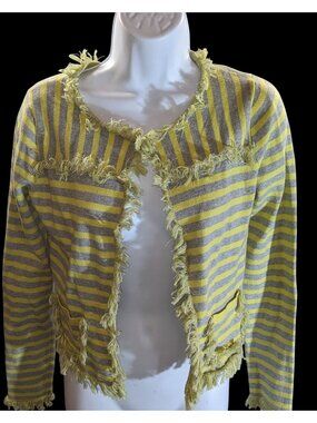 Avec Striped Fringe Cardigan Yellow Grey Retro Distressed Streetwear